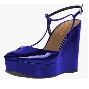 FOWT Royal Blue T Strap Wedge Platform High Heel Pump Ankle Strap Dress Shoes